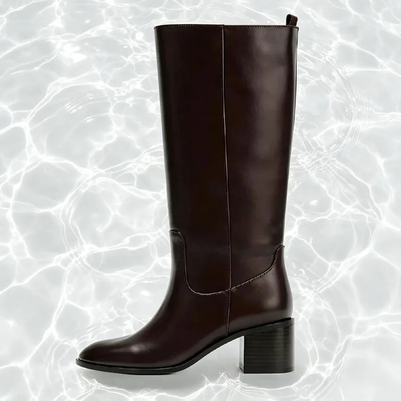 Brown Round Toe Chunky Heel Knee Boots