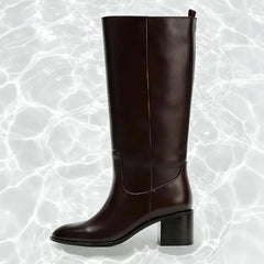 Brown Round Toe Chunky Heel Knee Boots
