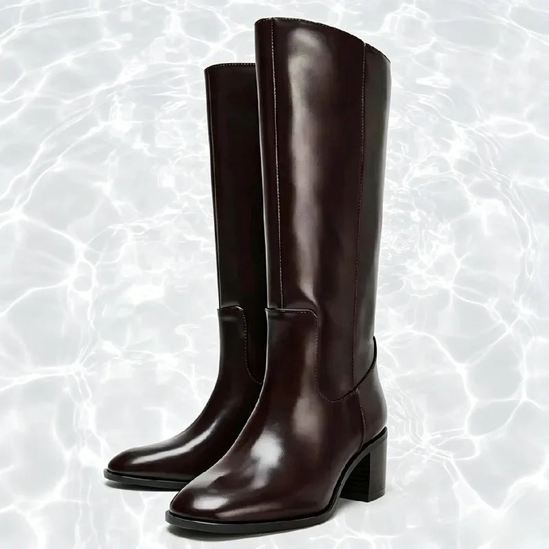 Brown Round Toe Chunky Heel Knee Boots
