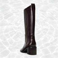 Brown Round Toe Chunky Heel Knee Boots