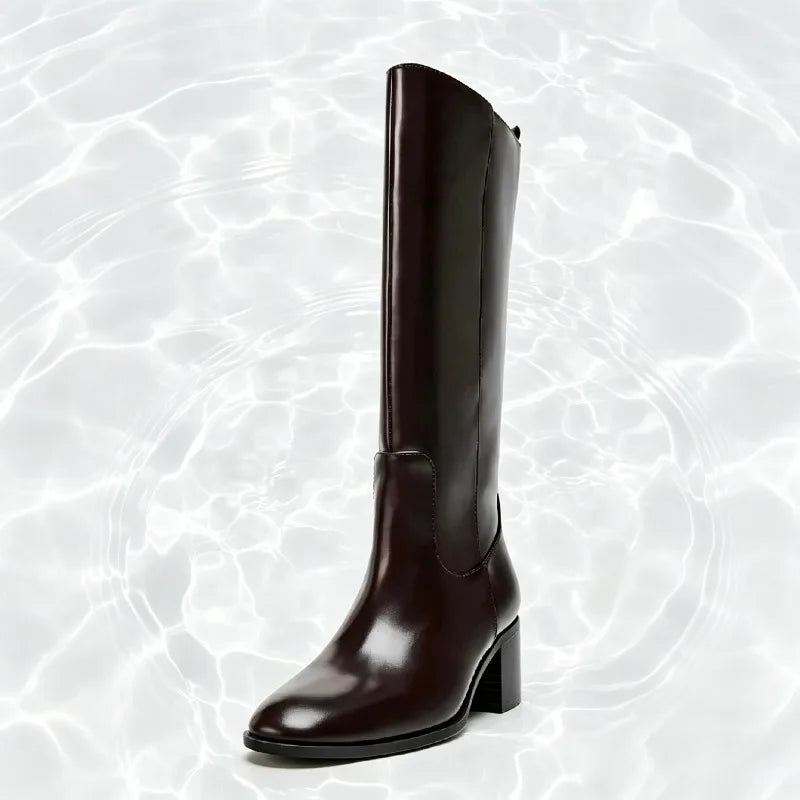 Brown Round Toe Chunky Heel Knee Boots