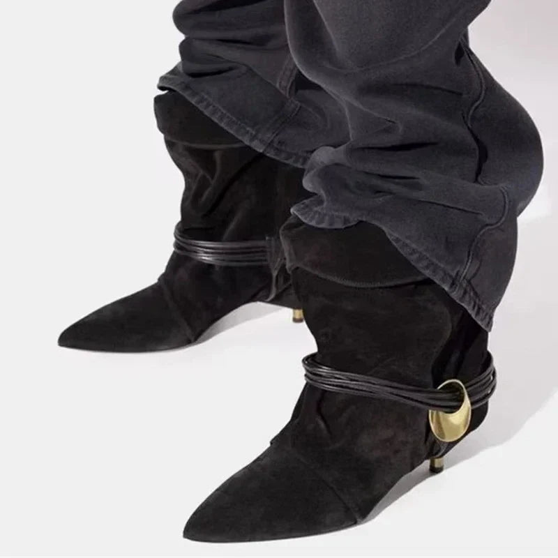 Brown Suede Fold Pleated Women Ankle Boots