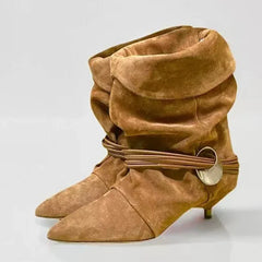 Brown Suede Fold Pleated Women Ankle Boots