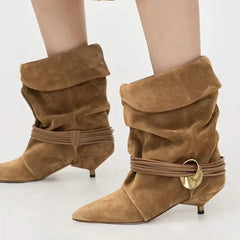 Brown Suede Fold Pleated Women Ankle Boots