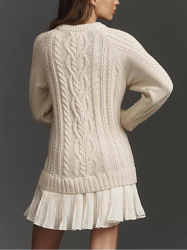Round Neck Cable Knit Sweater Mini Skirt