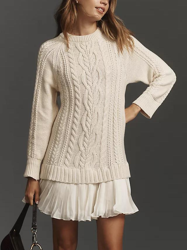 Round Neck Cable Knit Sweater Mini Skirt