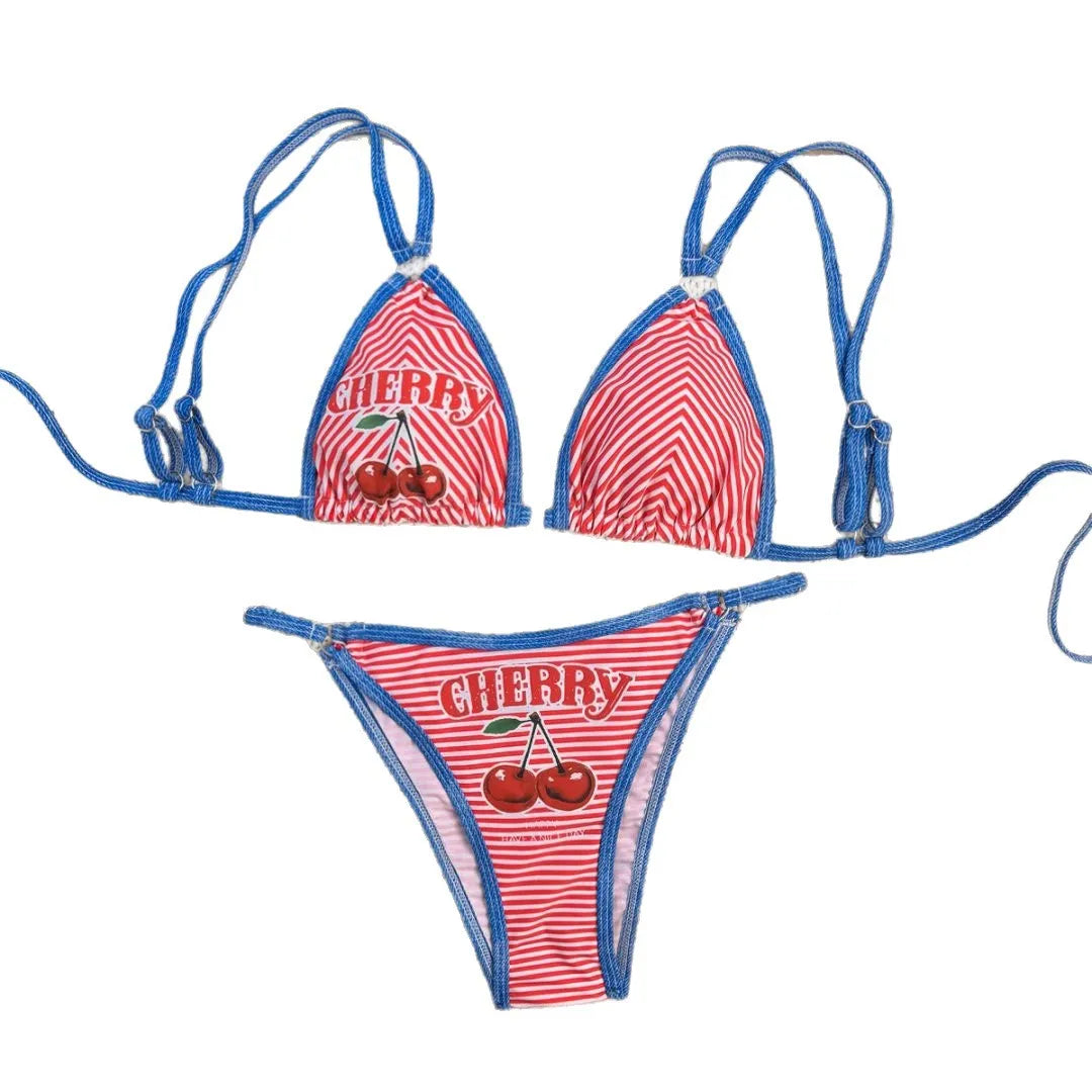 Cherry Print Bikini Set Low Back with Adjustable Ties Sweet & Sassy Swimsuit V Neck Panties Set Swimsuit