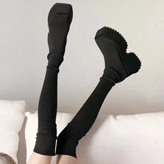 Chunky Heel Knitted Elastic Boots