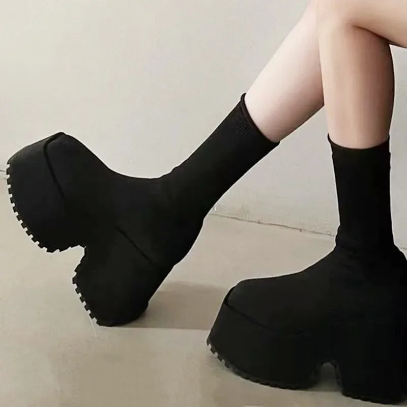 Chunky Heel Knitted Elastic Boots