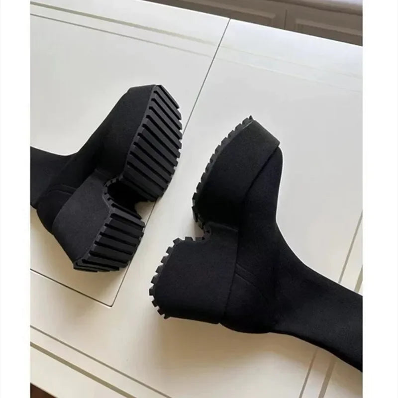 Chunky Heel Knitted Elastic Boots