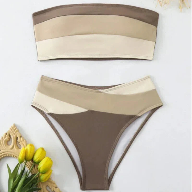 Color Block Bandeau Bikini Set Fashion Two Piece Swimsuit for Trendy Solid Color Swimwear Panties Suit