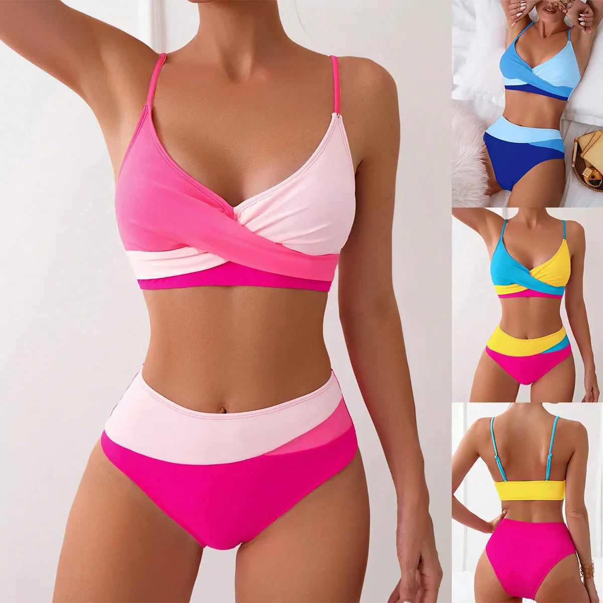 Color Block Criss Cross Bikini Set 2026Fashion Triangle Top & Bottom Quick Dry Swimwear Set