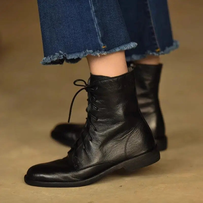 Concise Style Lace Up Black Ankle Boots