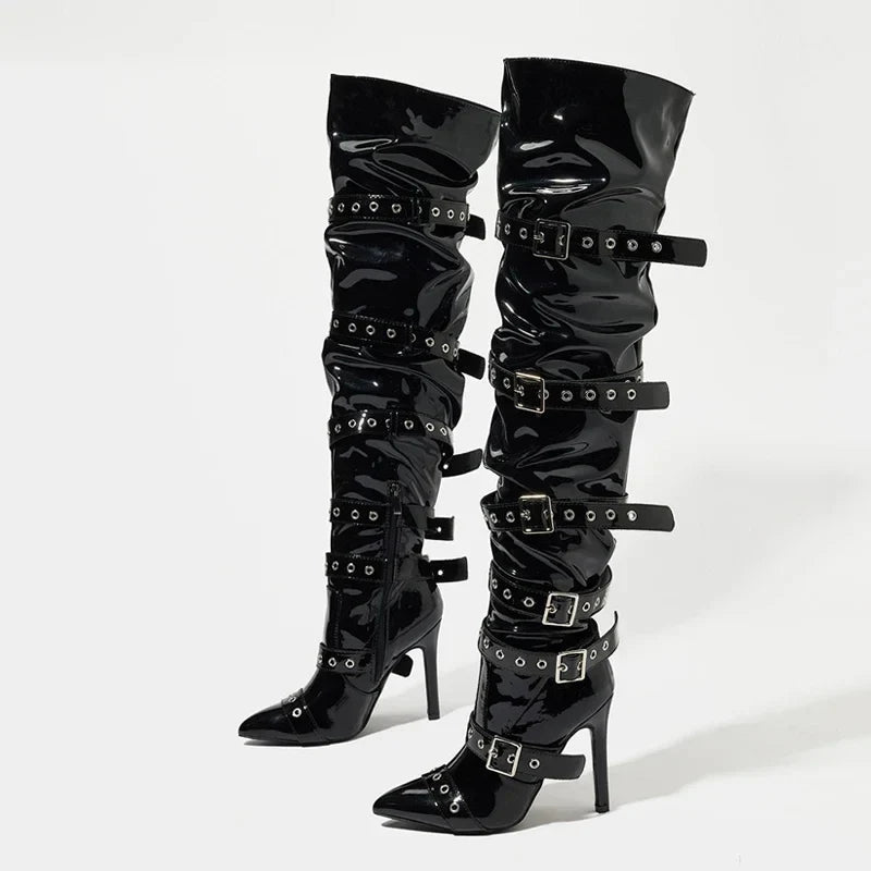 Cool Punk Style Buckle Belt Strap Over The Knee Boots