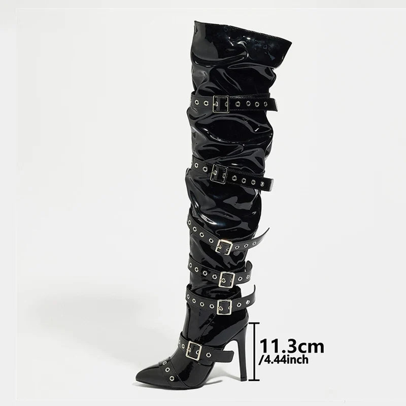 Cool Punk Style Buckle Belt Strap Over The Knee Boots