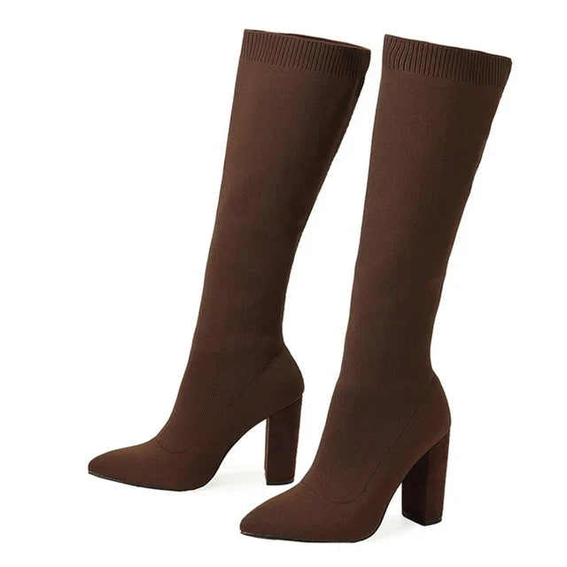 Cozy Knitting Stretch Fabric Knee High Boots