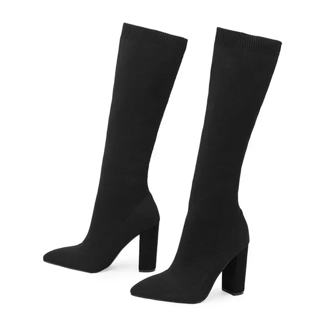 Cozy Knitting Stretch Fabric Knee High Boots