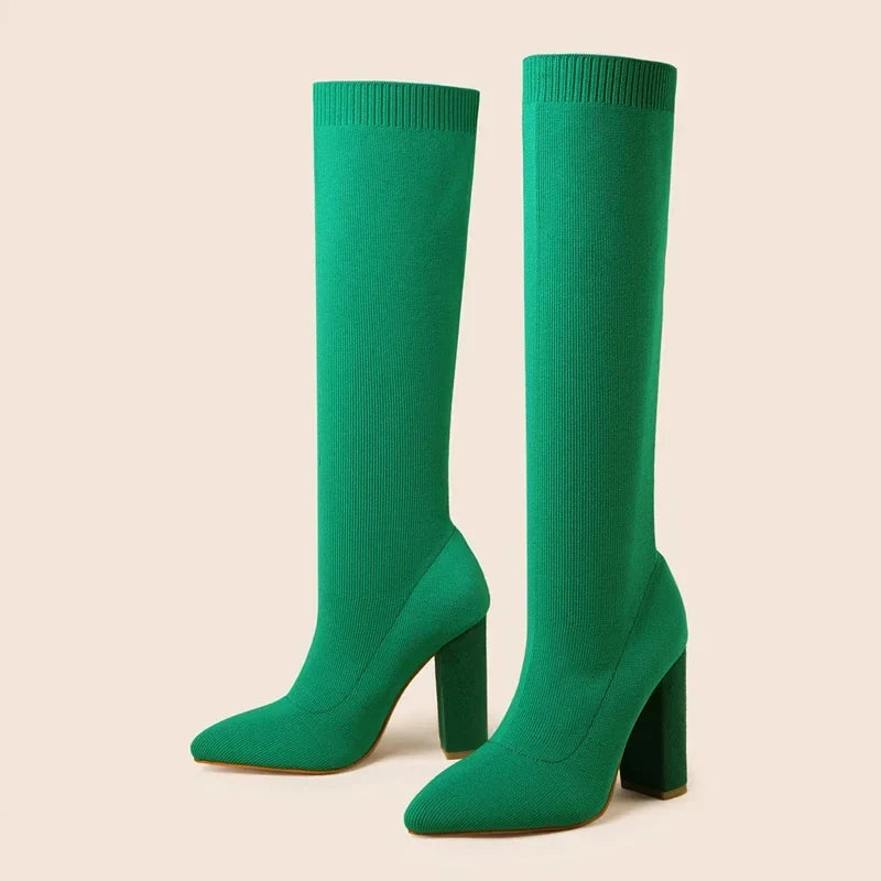 Cozy Knitting Stretch Fabric Knee High Boots