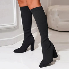 Cozy Knitting Stretch Fabric Knee High Boots