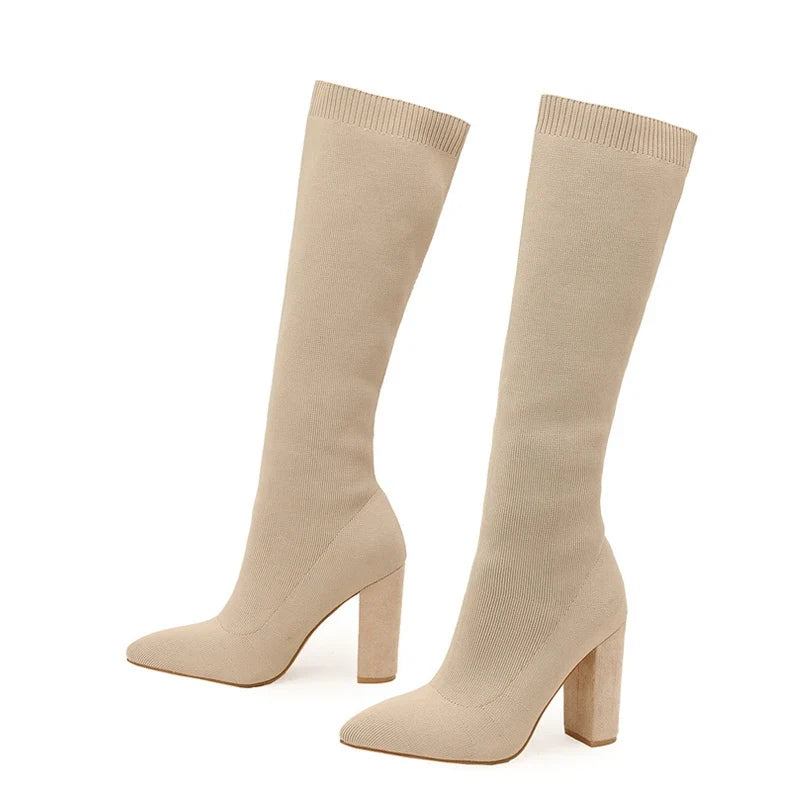 Cozy Knitting Stretch Fabric Knee High Boots