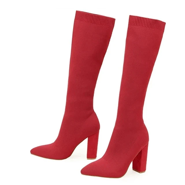 Cozy Knitting Stretch Fabric Knee High Boots