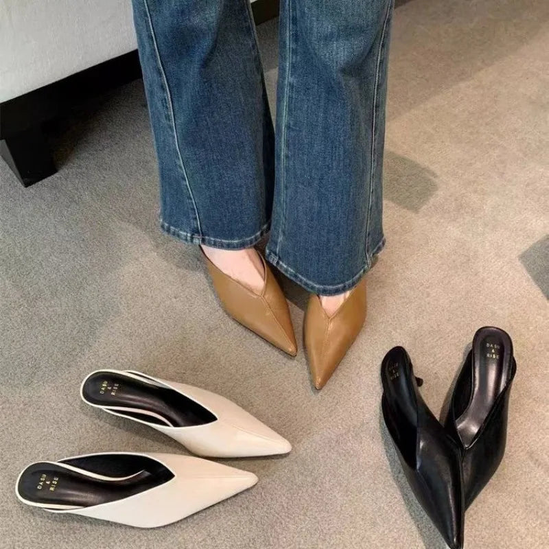 Designer Spring Brand Women Slipper Pointed Toe Slip on Ladies Mules Thin Low Heel Outdoor Dress Sandal Shoes
