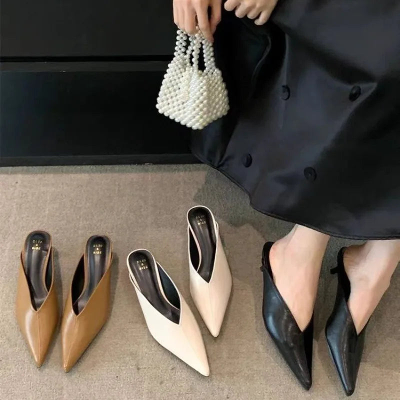 Designer Spring Brand Women Slipper Pointed Toe Slip on Ladies Mules Thin Low Heel Outdoor Dress Sandal Shoes