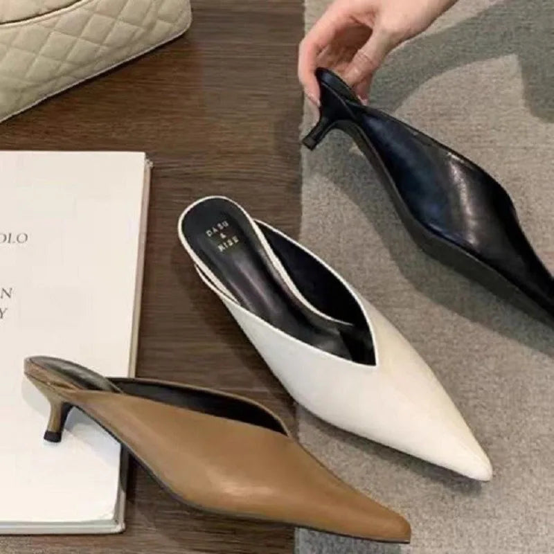 Designer Spring Brand Women Slipper Pointed Toe Slip on Ladies Mules Thin Low Heel Outdoor Dress Sandal Shoes