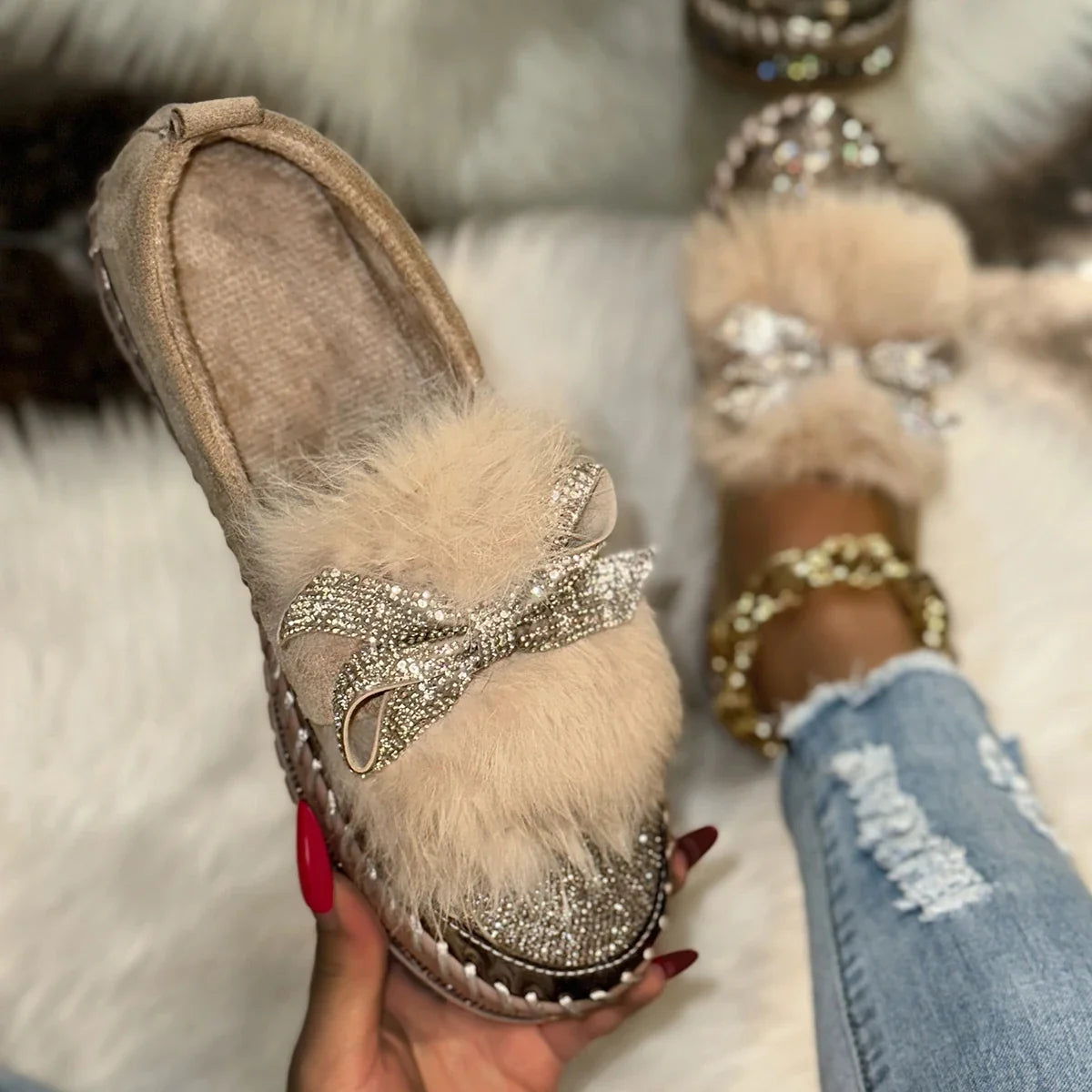 Designer Furry Crystal Bow Dec Women's Casual Shoes