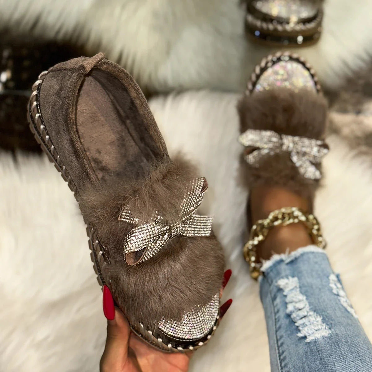 Designer Furry Crystal Bow Dec Women's Casual Shoes