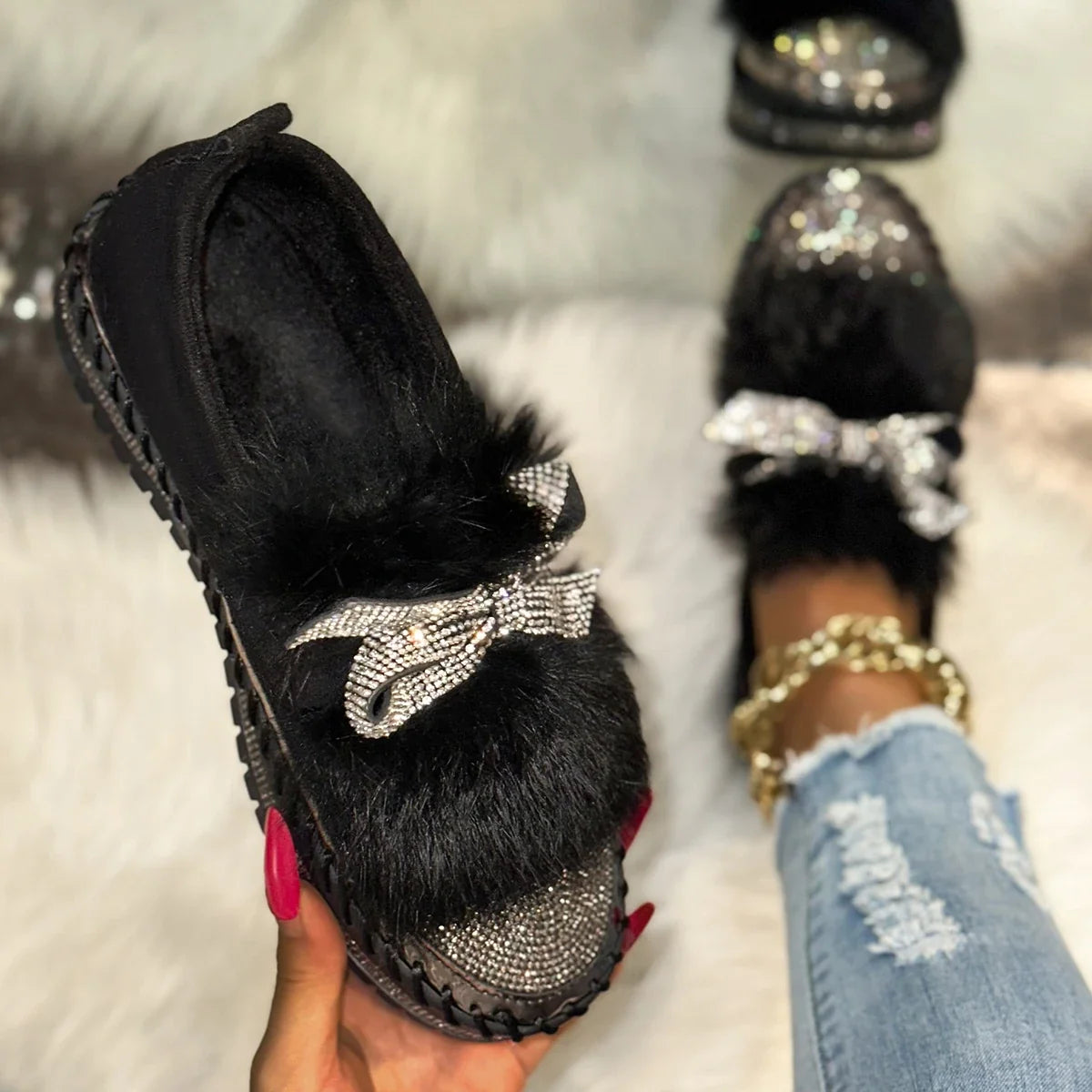 Designer Furry Crystal Bow Dec Women's Casual Shoes