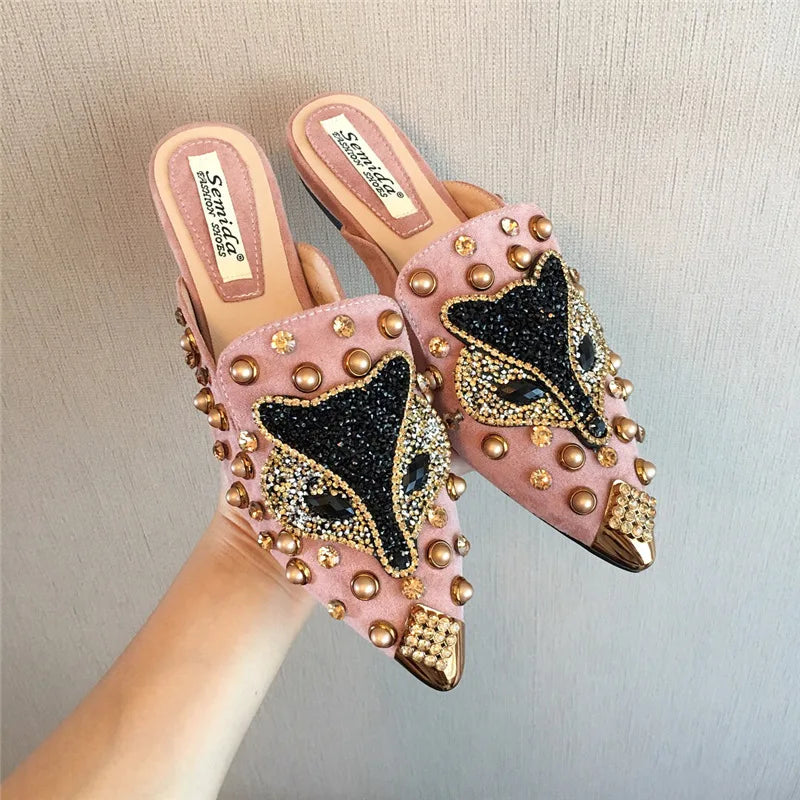 Designer Rhinestone Fox Half-slippers