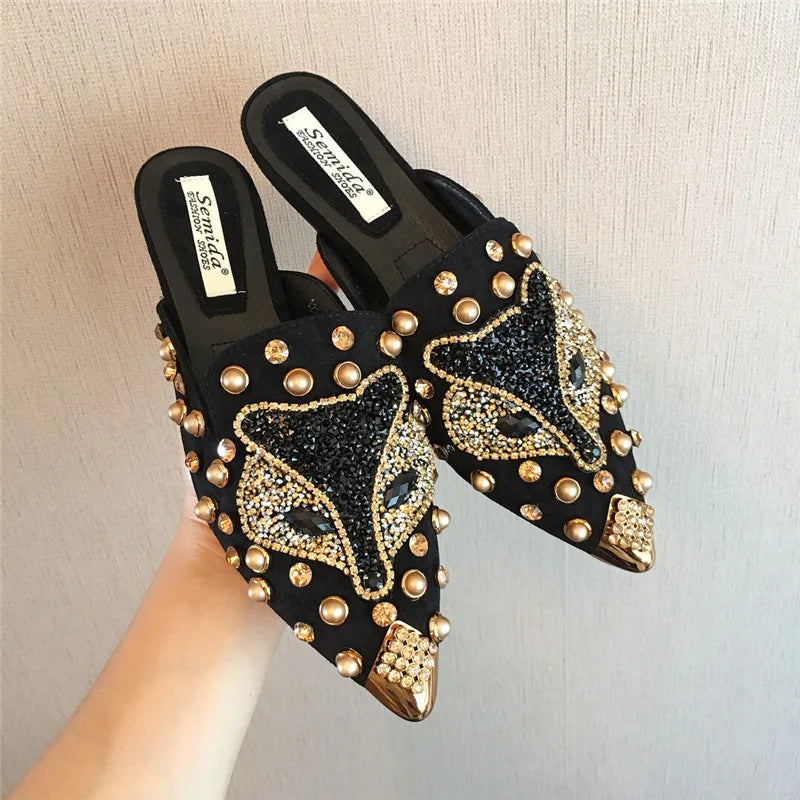 Designer Rhinestone Fox Half-slippers