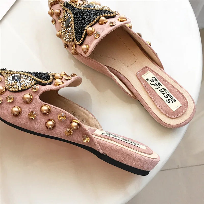 Designer Rhinestone Fox Half-slippers