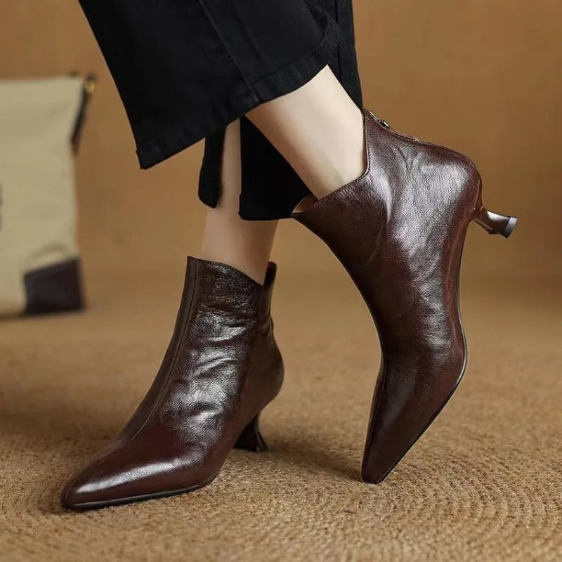 Designer Spring Vintage Pointed Toe Women High Heel Ankle Boots