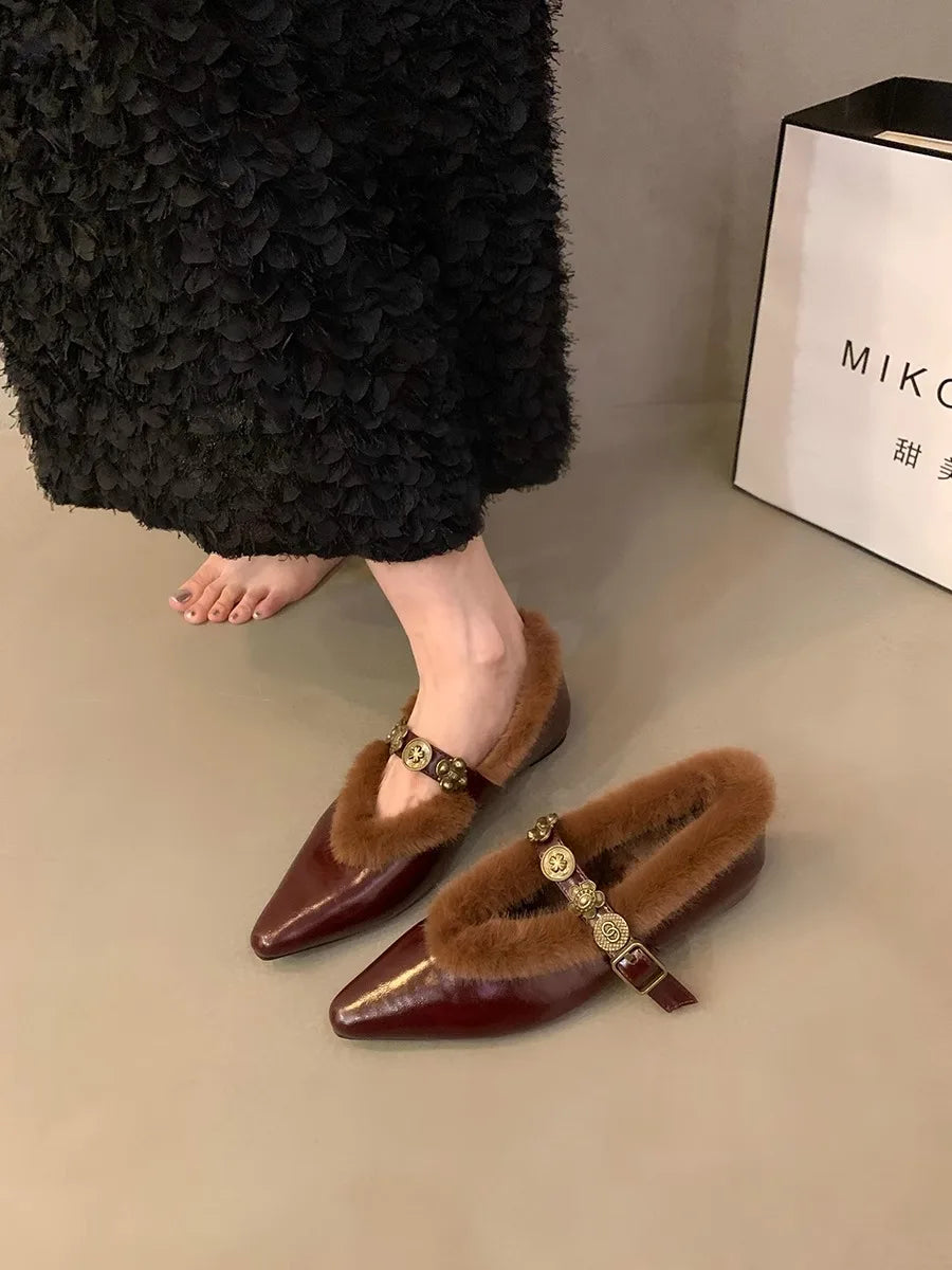 Designer Women Winter Pointed Toe Loafers Retro British Style Warm Boots