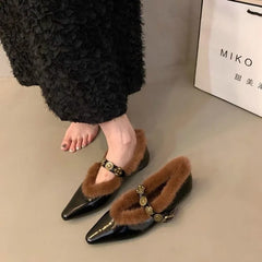 Designer Women Winter Pointed Toe Loafers Retro British Style Warm Boots