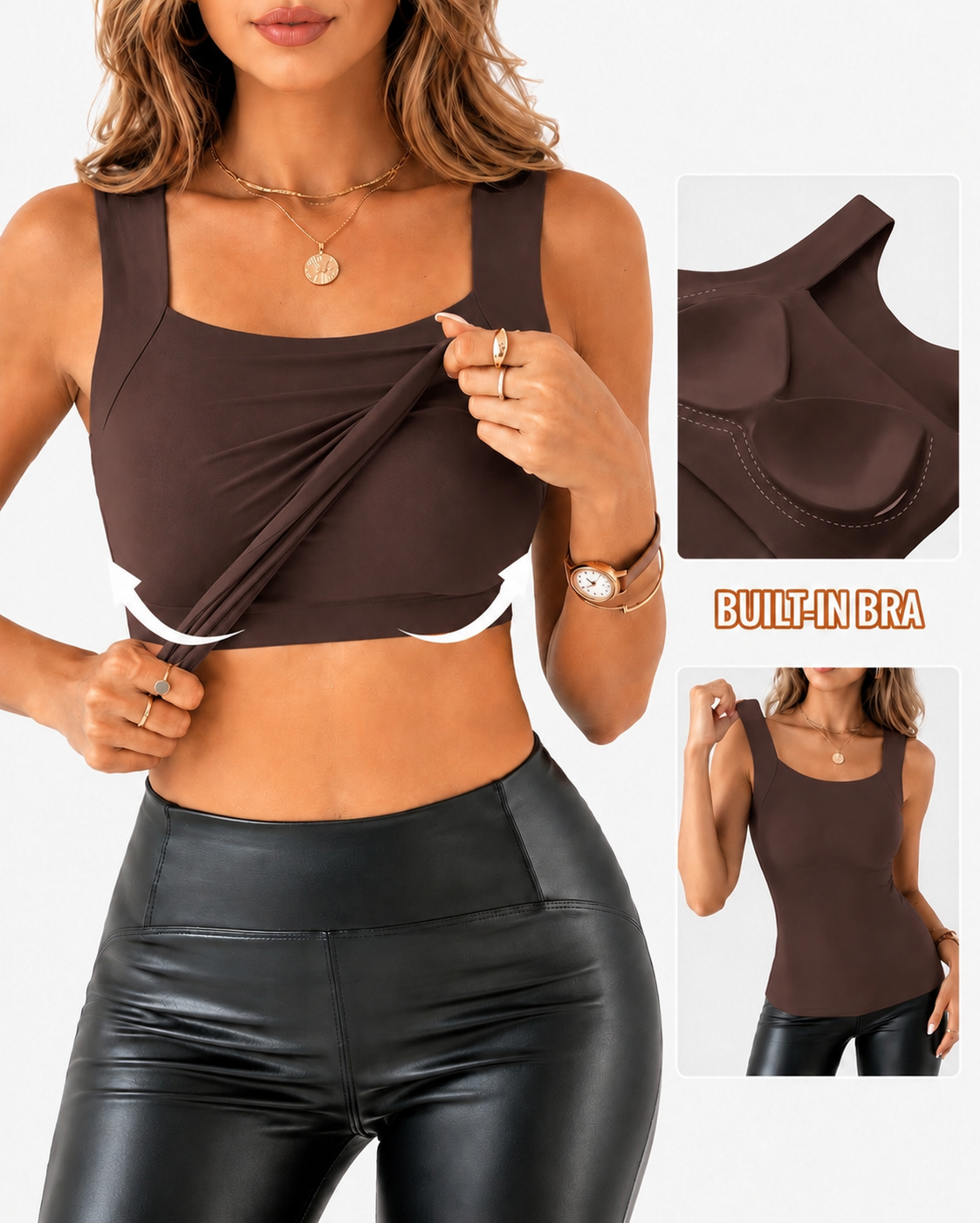 High Strechy Seamless U Neck Built-in Bra Tank Tops