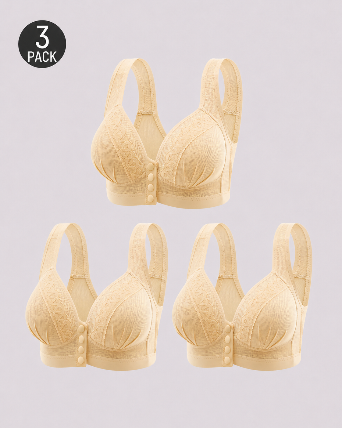 Three-Pack Front-Close Jacquard Full Cup Wire-Free Seamless Bra