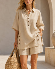Casual Cotton Linen Collared Short Sleeve Top and Shorts Set