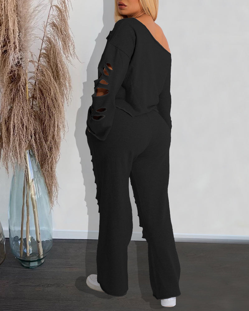 Women's Ripped Asymmetrical Neckline Pullover and Wide-leg Pants Casual Sportswear Set