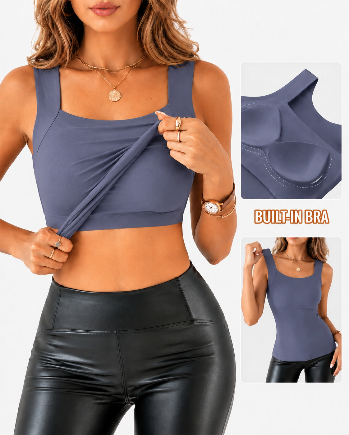 High Strechy Seamless U Neck Built-in Bra Tank Tops