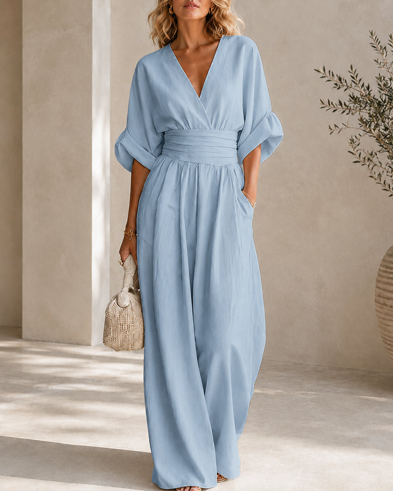 Casual Deep V Waist-cinching Wide-leg Jumpsuit