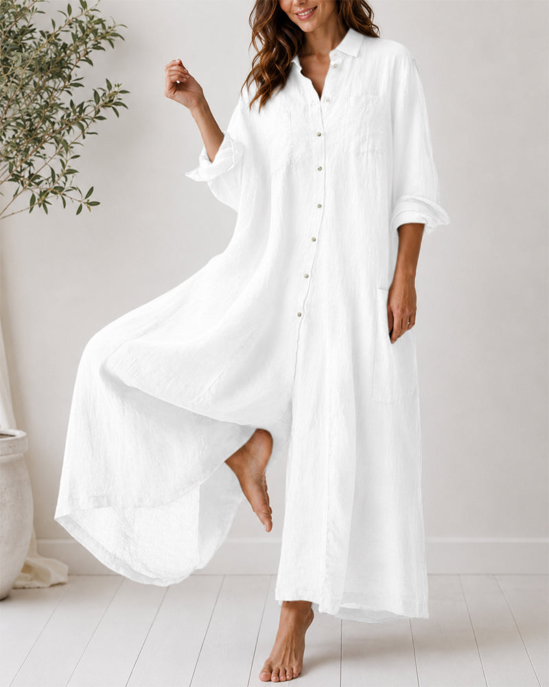 Casual Linen Button-down Long Sleeve Wide-leg Jumpsuit