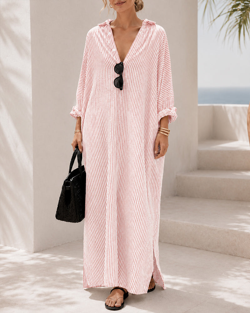 Casual Loose Striped Cotton Collared Long Sleeve Button-down Long Dress