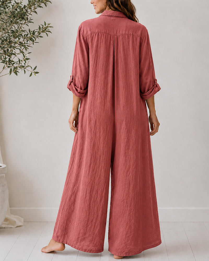 Casual Linen Button-down Long Sleeve Wide-leg Jumpsuit