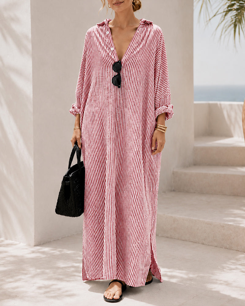 Casual Loose Striped Cotton Collared Long Sleeve Button-down Long Dress
