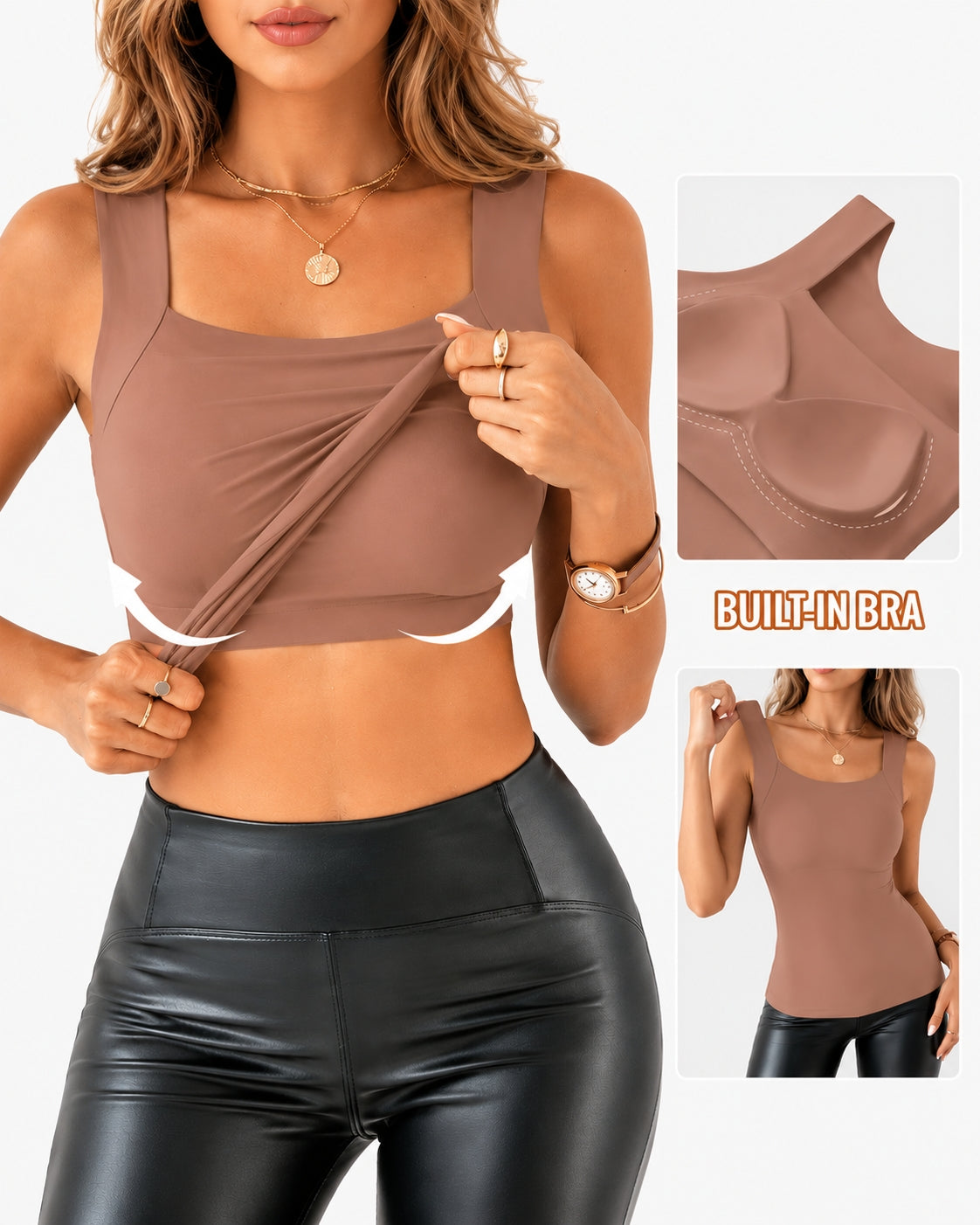 High Strechy Seamless U Neck Built-in Bra Tank Tops