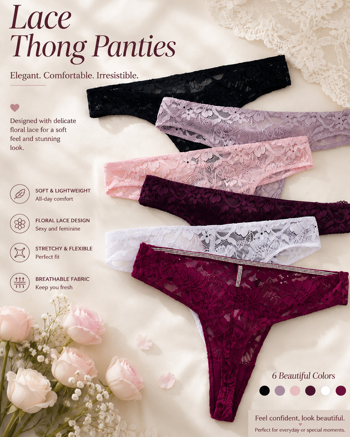 5-Pack Lace Openwork Seamless Thongs