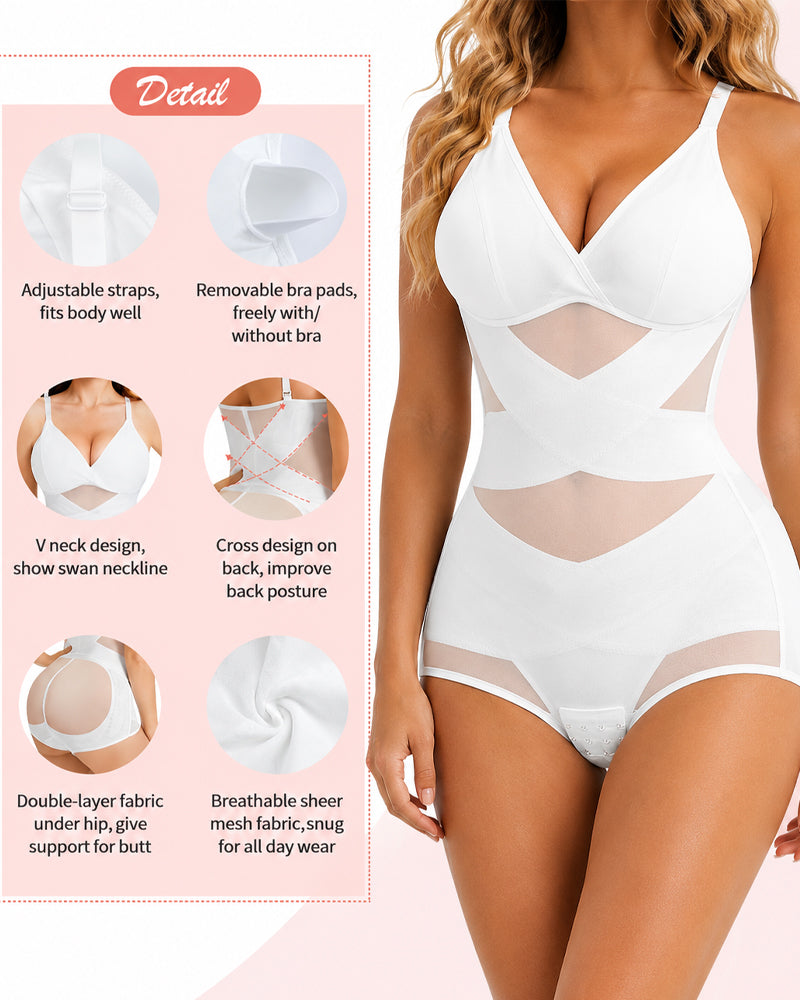 Deep V Cross Mesh Breathable Tummy-control Bodysuit Shapewear